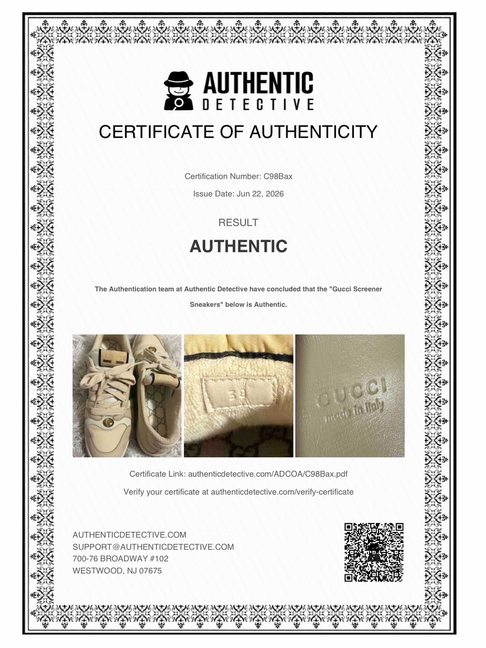 Gucci Women‘s "Gucci Screener
Sneakers" below is Authentic.